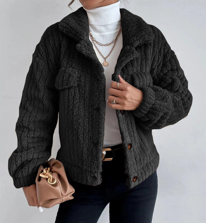 Damen nan kuschelige Teddyjacke mit Hemdkragen, Druckknopfverschluss und aufgesetzten Brusttaschen Drune