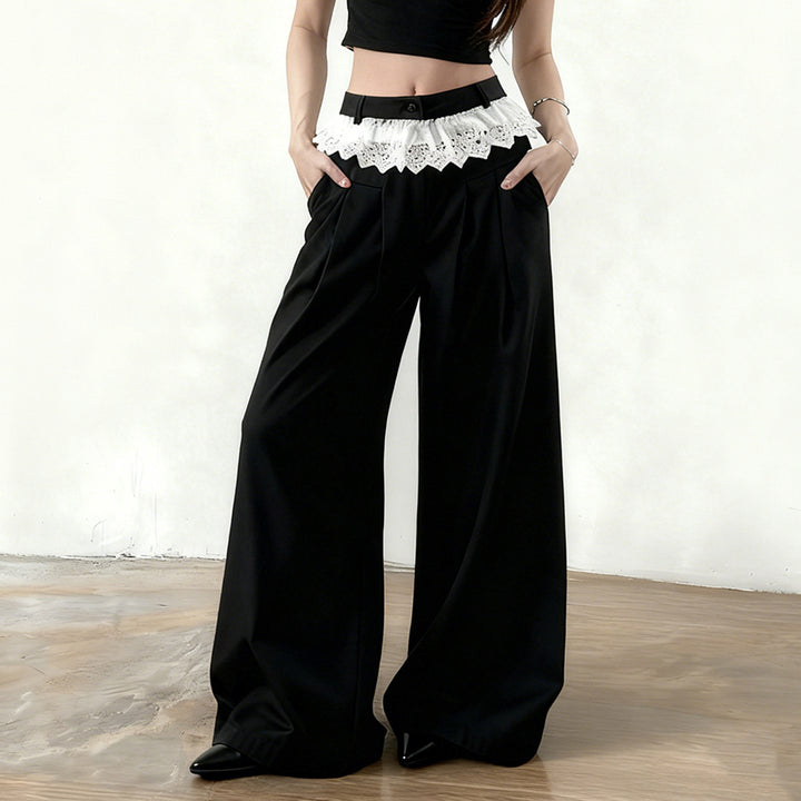 Damen Palazzo-Hose mit hohem Bund und dekorativem Spitzen-Volant Drune