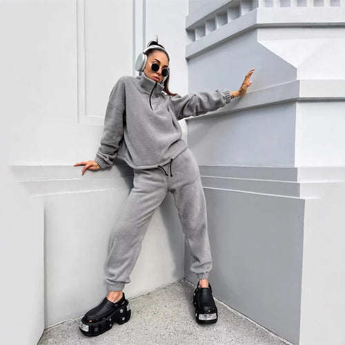 Damen kuscheliger Fleece-Jogginganzug mit Stehkragen und Kordelzug Drune