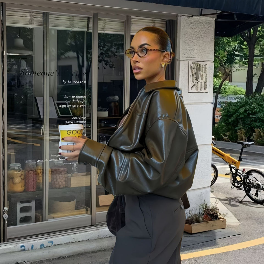 Damen Lässige Kunstlederjacke mit oversized Schnitt und eleganten Details Drune