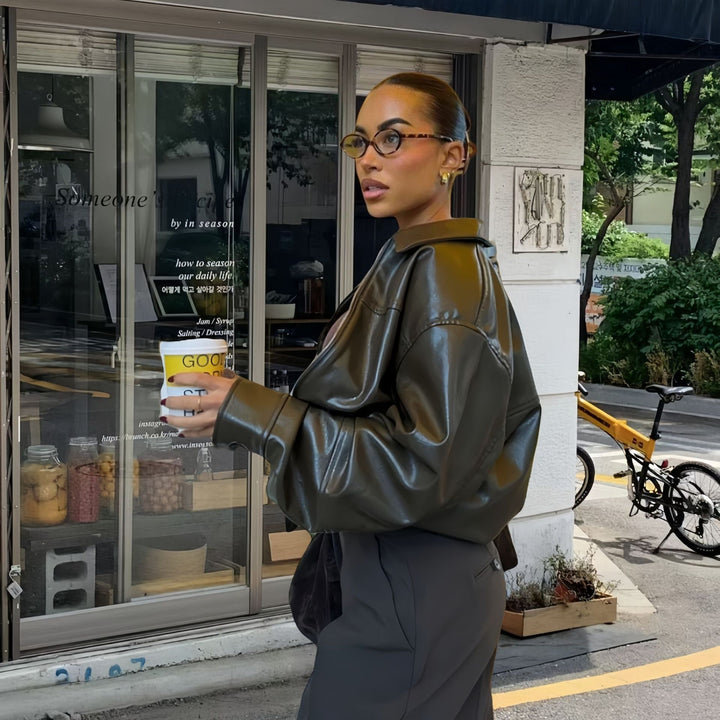 Damen Lässige Kunstlederjacke mit oversized Schnitt und eleganten Details Drune
