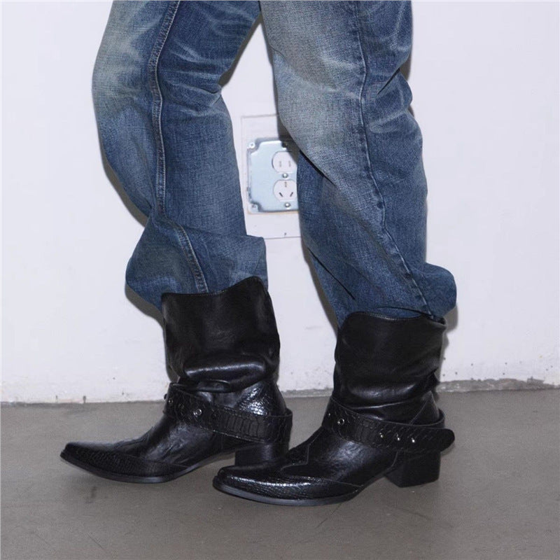 Damen Cowboystiefel mit spitzer Zehenpartie, Schlangenprägung und Nietenriemen Drune