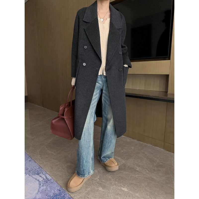 Damen eleganter Wollmantel mit doppelter Knopfblende und klassischem Revers Drune