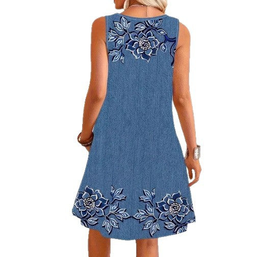 Damen nan ärmelloses Jeanskleid mit floraler Stickapplikation, durchgehender Knopfleiste und aufgesetzten Taschen Drune
