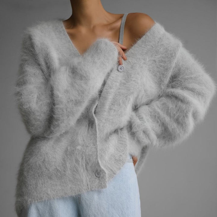 Damen Flauschige Mohair-Optik Strickjacke mit V-Ausschnitt und Oversize-Schnitt Drune