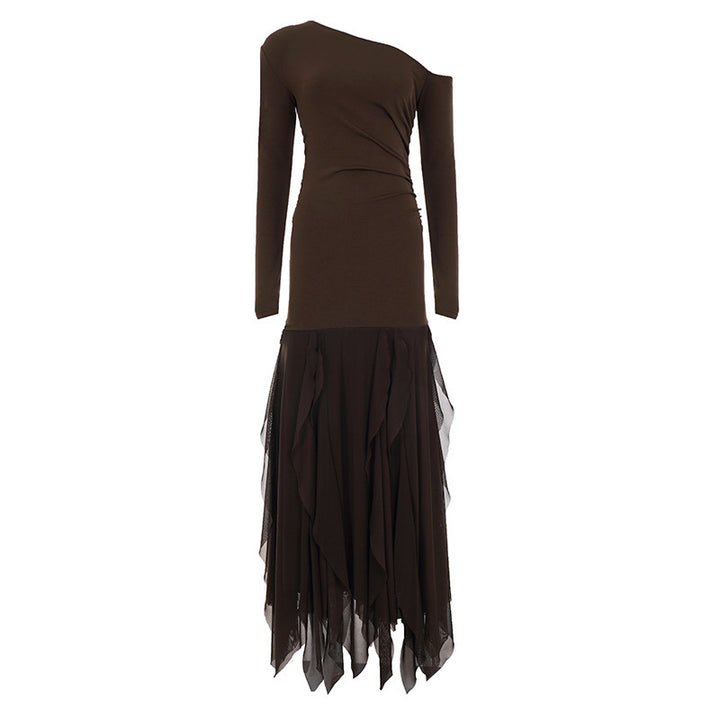 Damen Ein-Schulter-Abendkleid mit taillierter Stretch-Silhouette und mehrlagigem Tüll-Mermaidrock Drune