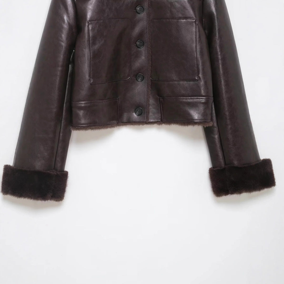 Damen nan cropped Fliegerjacke mit Teddyfutter und verstellbarem Halsriemen Drune