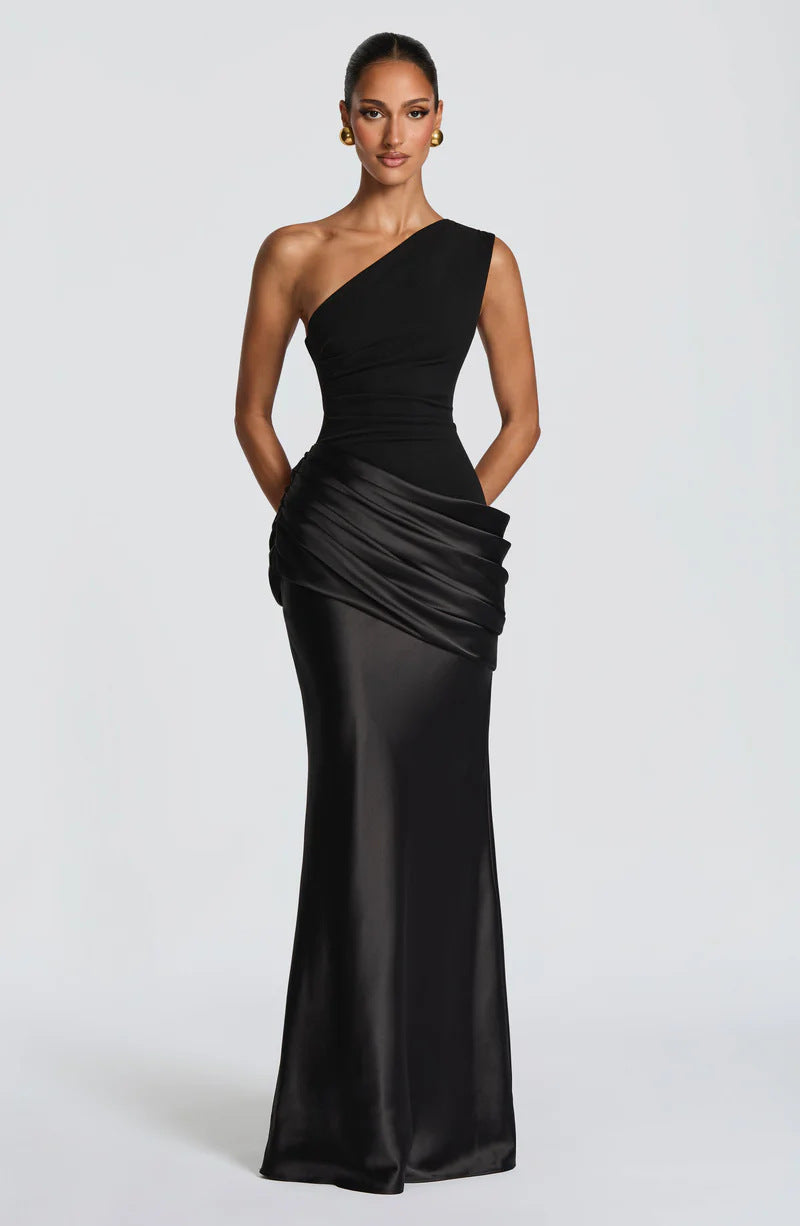 Damen Elegantes One-Shoulder Maxikleid mit fließenden Drapierungen Drune