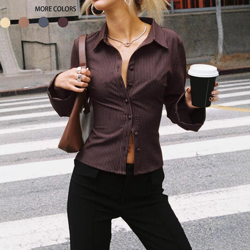 Damen taillierte Hemdbluse mit Klappkragen und feinen Streifen Drune