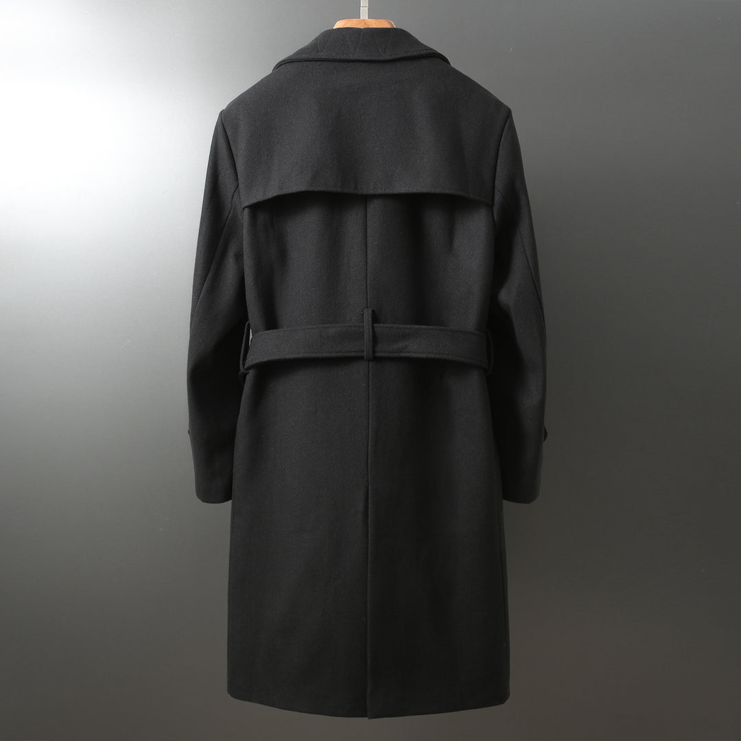 Herren Maxilanger Woll-Mantel im Trench-Look mit doppelreihiger Knopfleiste und Bindegürtel Drune