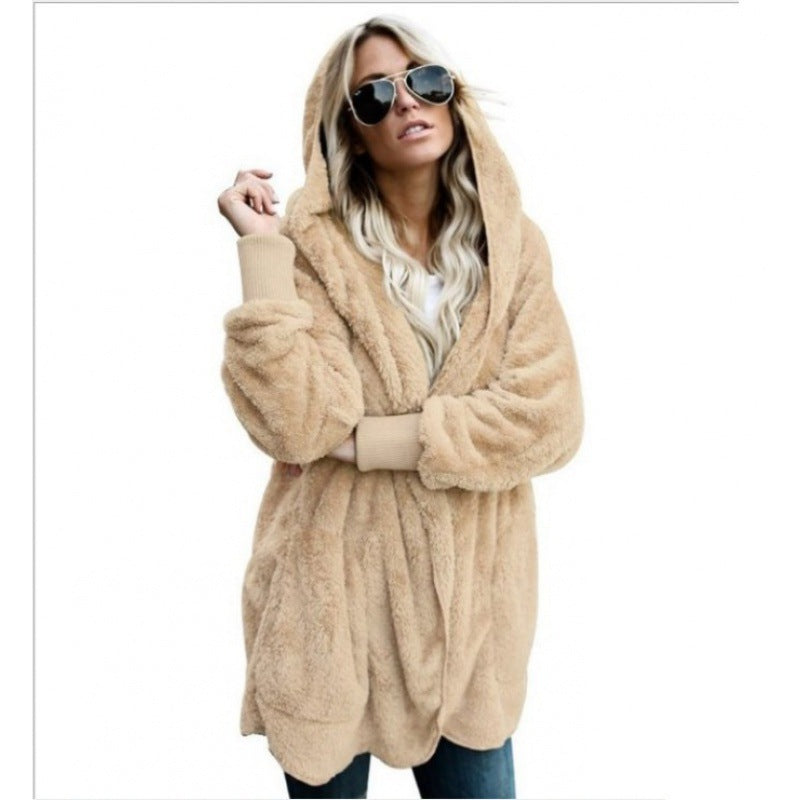 Damen Kuschelige Teddy‑Fleece‑Cardigan mit Kapuze, Oversize‑Schnitt und aufgesetzten Taschen Drune