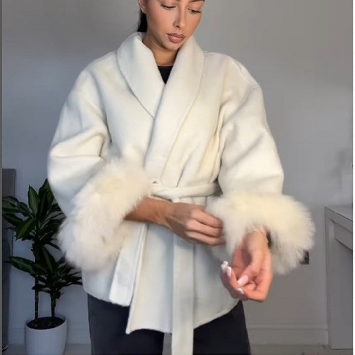 Damen Fuzzi-Robenjacke mit elegantem Gürtel und luxuriösen Ärmeln aus Plüsch Drune