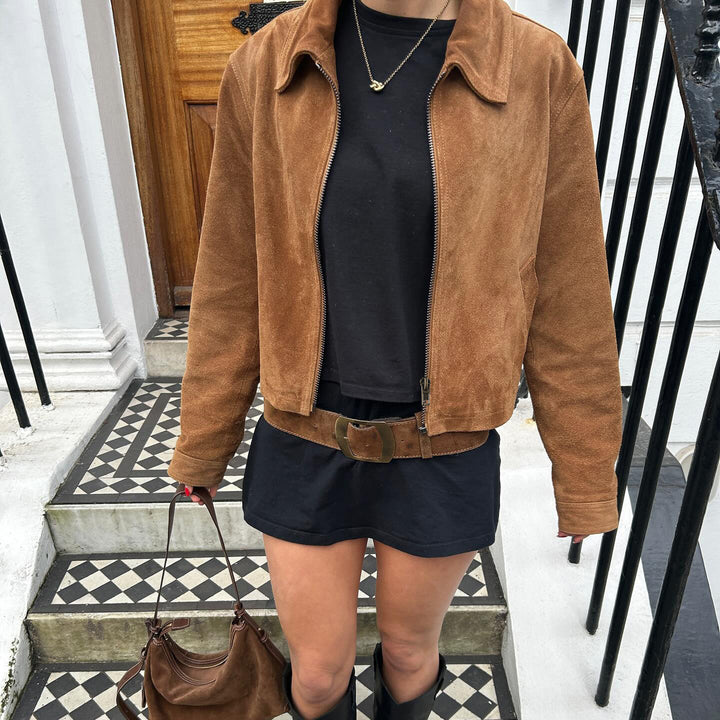 Damen Kurzgeschnittene Wildlederoptik Blousonjacke mit Hemdkragen und Reißverschluss Drune