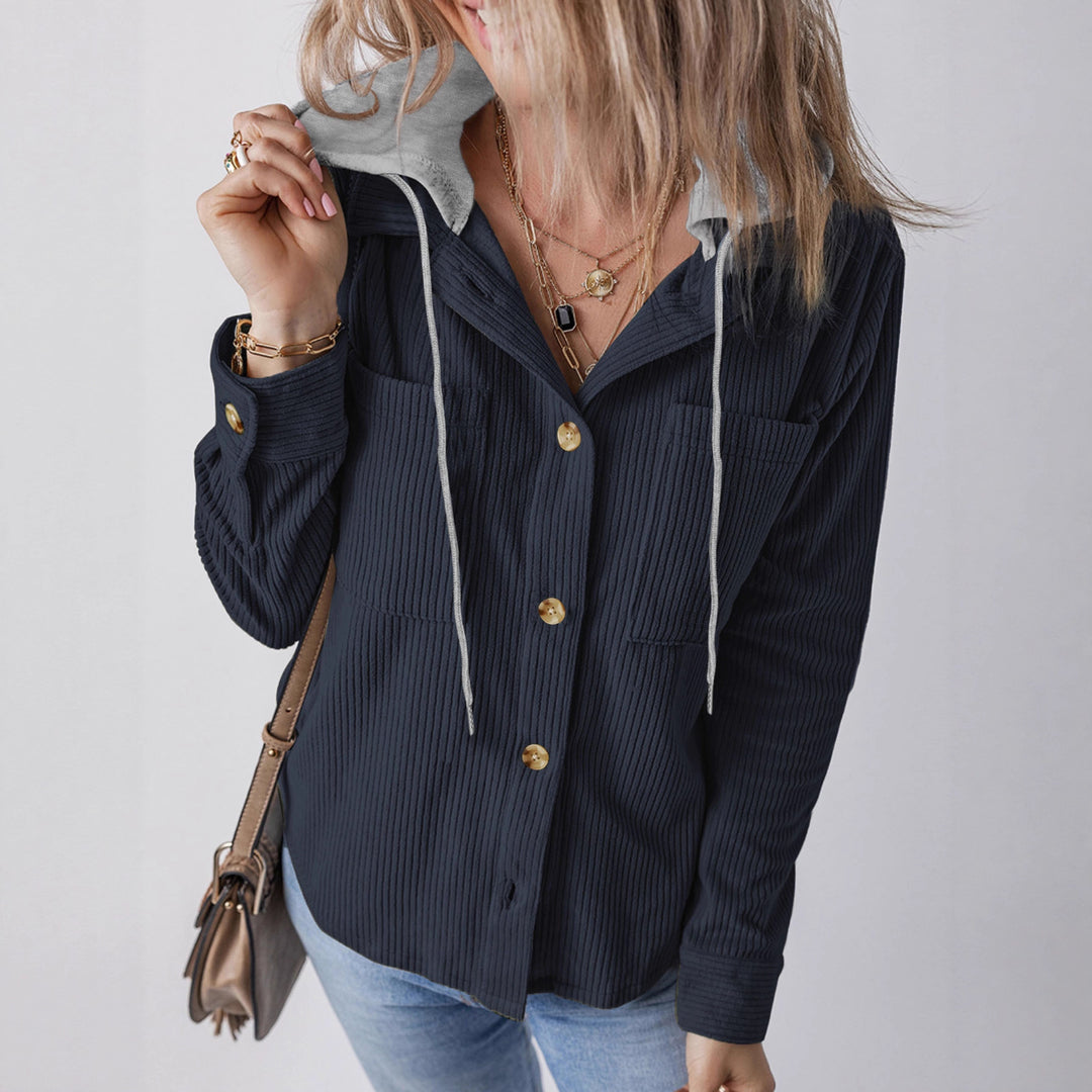 Damen Gerippte Hemdjacke mit Kapuze, Knopfleiste und aufgesetzten Taschen Drune
