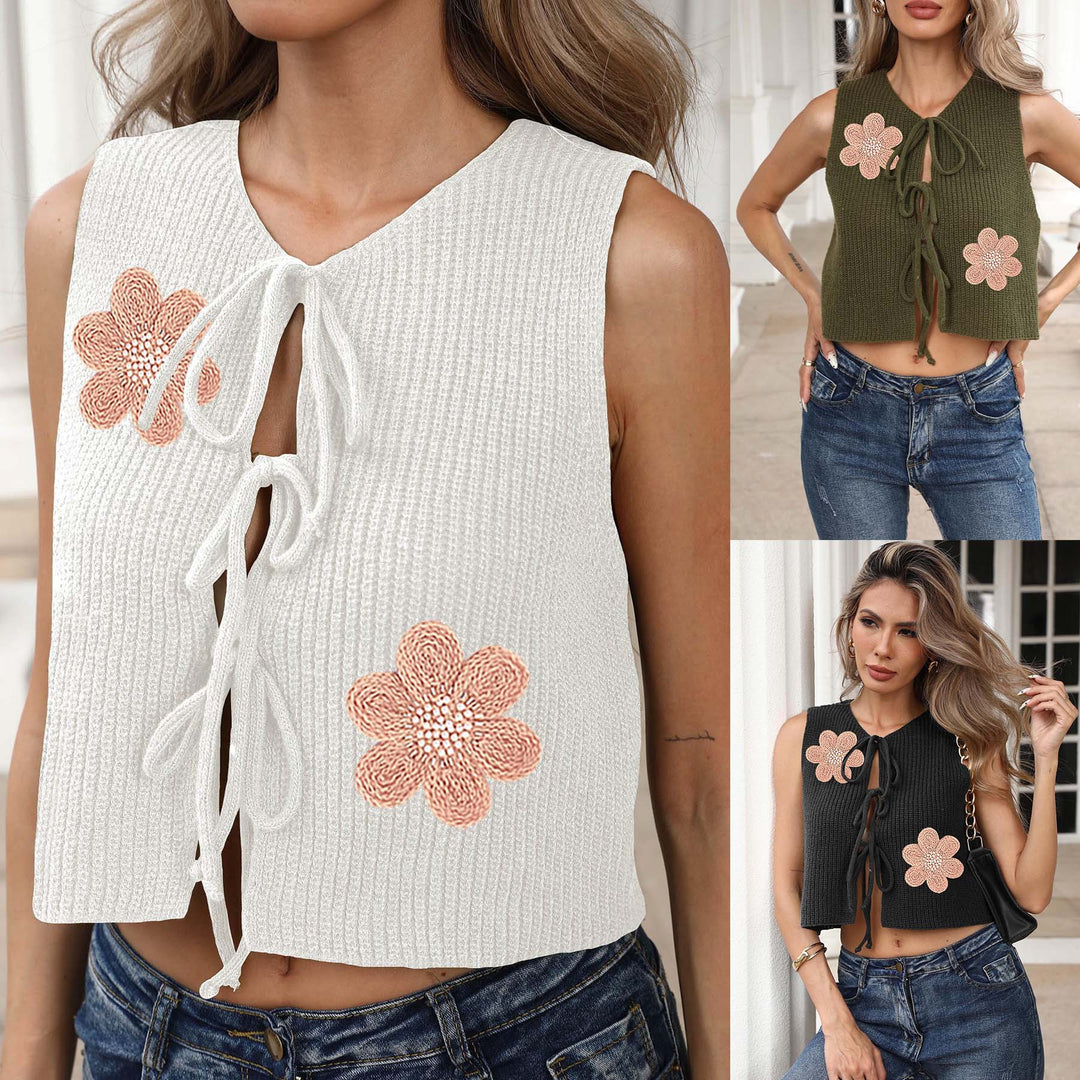 Damen kurzes Stricktop mit Blumenapplikationen Drune