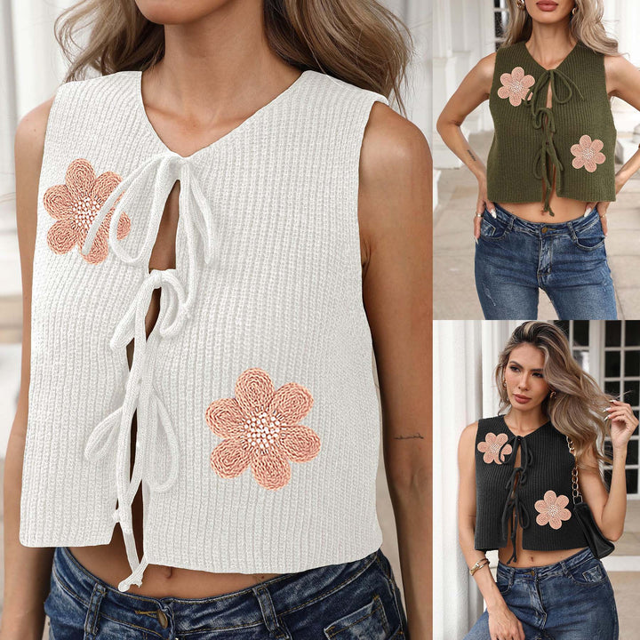 Damen kurzes Stricktop mit Blumenapplikationen Drune