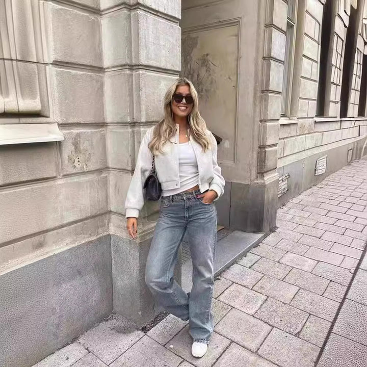 Damen Cropped Jacke mit modernem Stehkragen und Druckknopfverschluss Drune