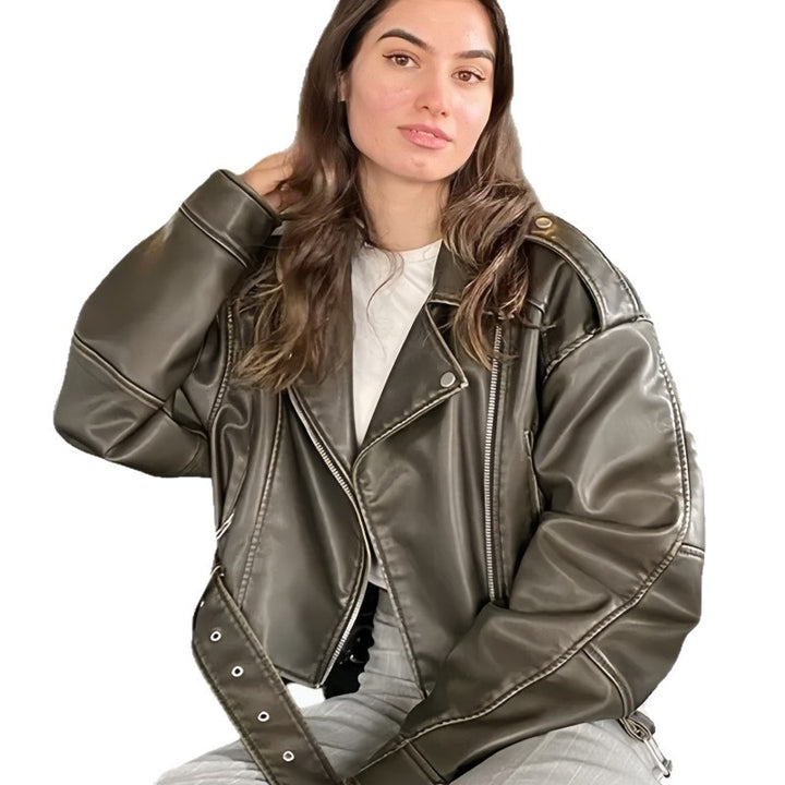 Damen Kunstleder Bikerjacke mit weitem Schnitt und umfangreichen Details Drune