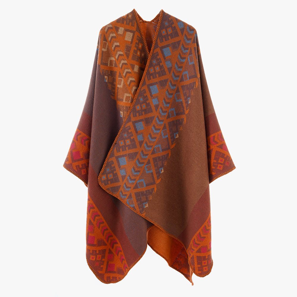 Damen Capeponcho im gewebten Ethno‑Jacquard aus Wollmix mit gezackter Saumkante Drune