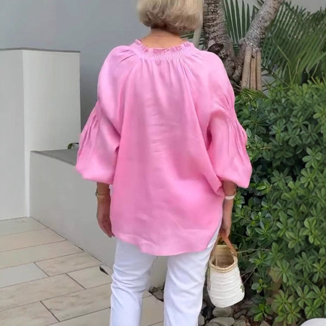 Damen lässige Kleidungsbluse mit Ballonärmeln und Knopfleiste Drune