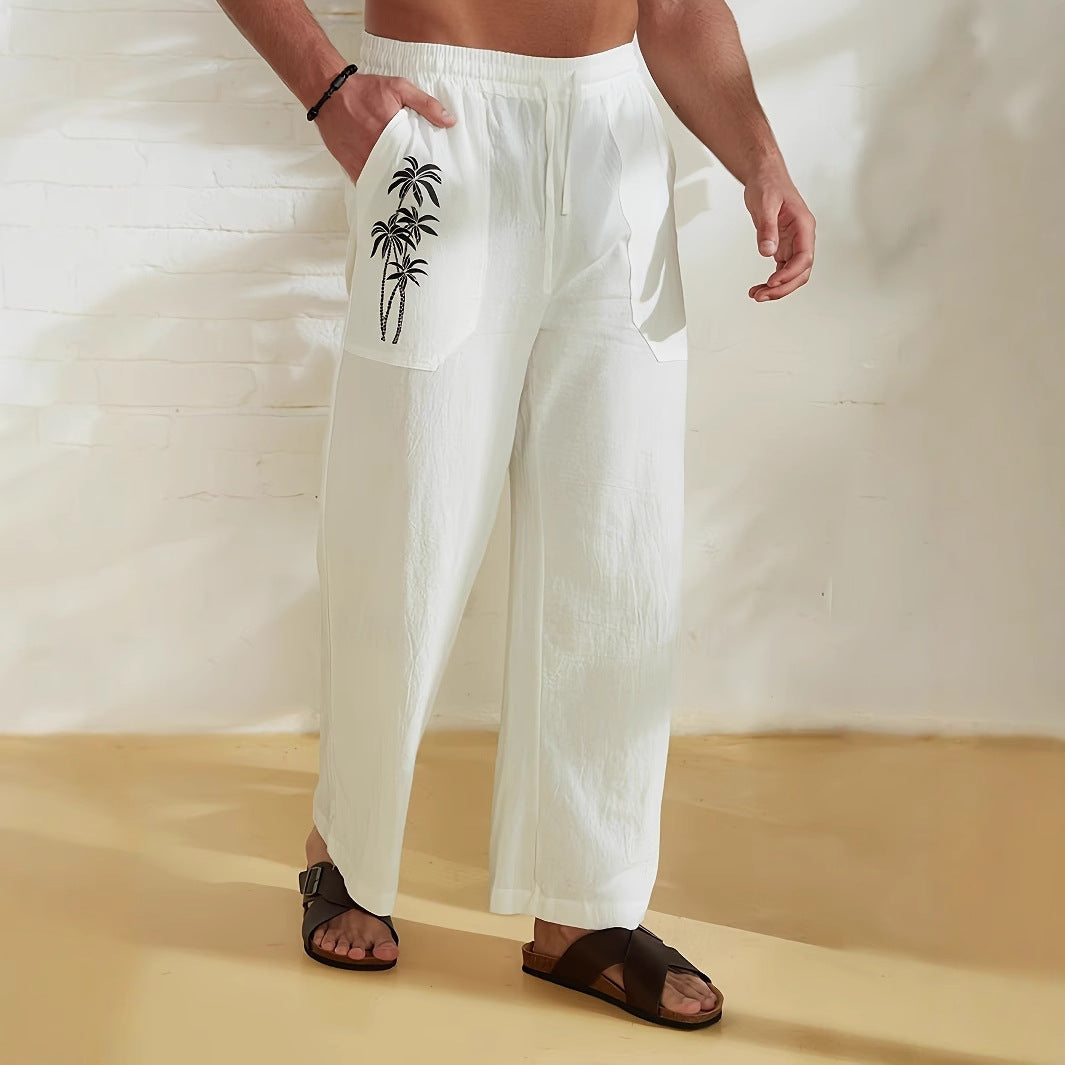 Herren Leichte Leinen-Loungehose mit weitem Bein, Kordelzug und aufgesetzten Taschen Drune