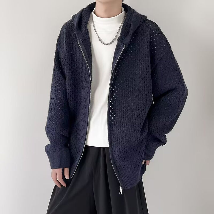 Herren Modische Strickjacke mit Kapuze und luftiger Struktur Drune