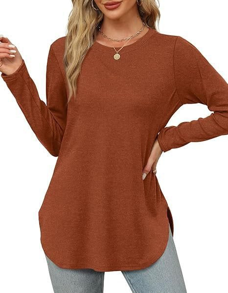 Damen Lässiges Longsleeve-Tunikaoberteil mit Rundhalsausschnitt, Seitenschlitzen und Aquarell-Blattprint Drune
