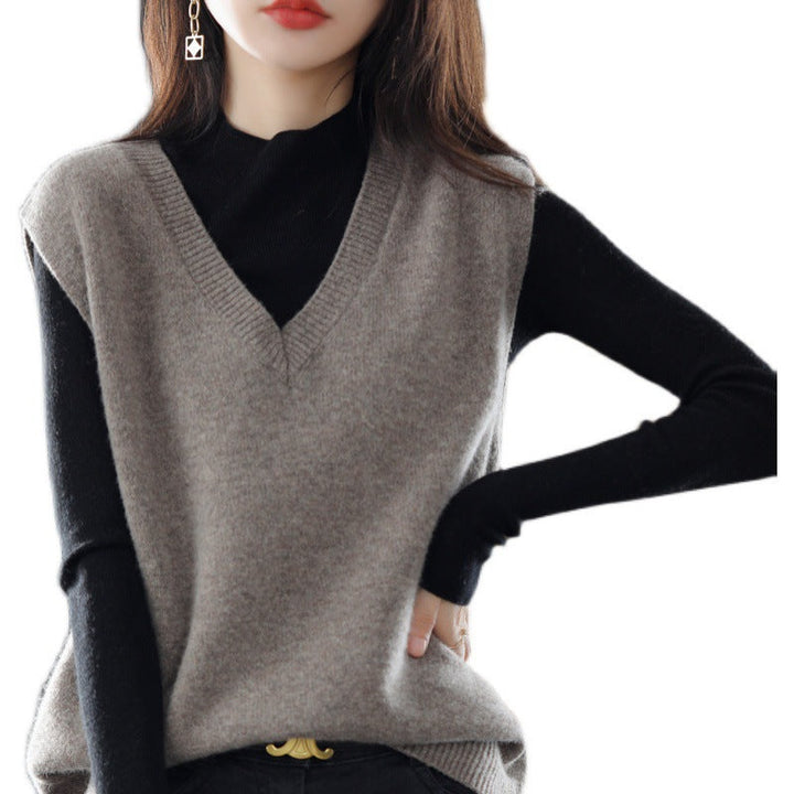 Damen Ärmellose Strickweste mit V-Ausschnitt und Feiner Textur Drune