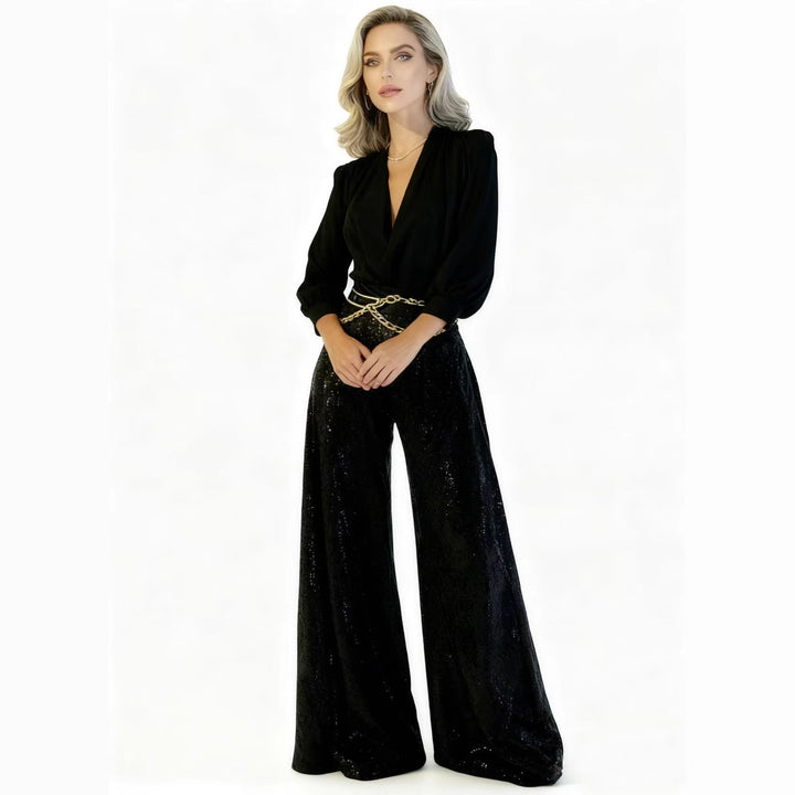 Damen Eleganter Jumpsuit mit schimmernden Pailletten und tiefem V-Ausschnitt Drune
