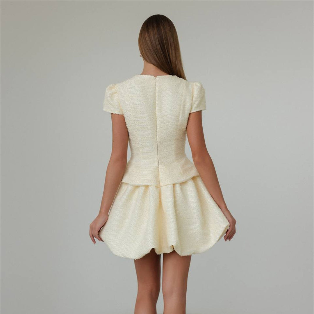 Damen Figurbetontes Tweed-Minikleid mit Schößchen und Knopfleiste Drune