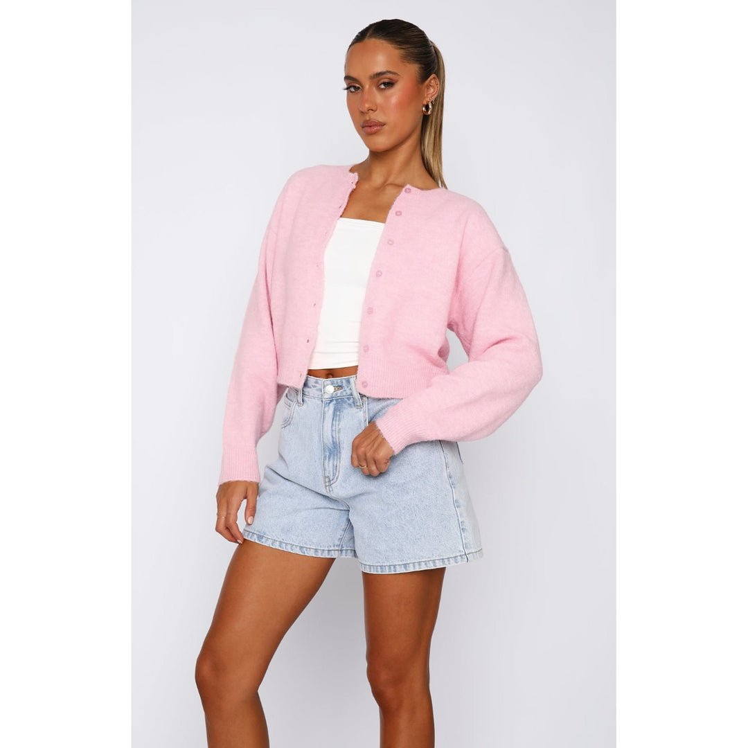 Damen Kurzgeschnittene Strickjacke mit verdeckter Knopfleiste und Ballonärmeln Drune