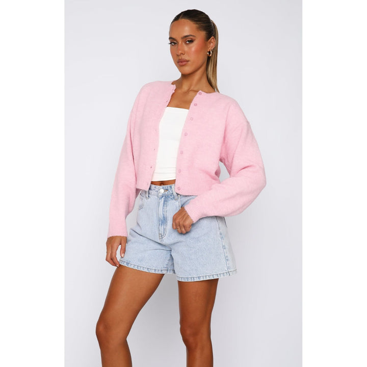 Damen Kurzgeschnittene Strickjacke mit verdeckter Knopfleiste und Ballonärmeln Drune