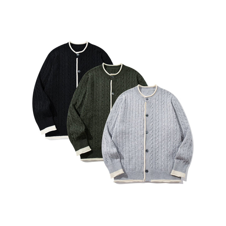 Unisex Kabelstrick-Cardigan mit Rundhals, kontrastierten Bündchen und durchgehender Knopfleiste Drune