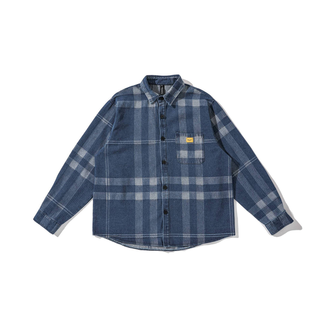 Herren Oversized Karo-Hemdjacke im Worker‑Style mit abgerundetem Saum und Brusttasche Drune