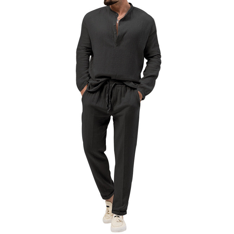 Herren Lässiges Zweiteiliges Lounge-Set aus Baumwoll-Gauze mit Henley-Oberteil und Tunnelzug-Hose Drune