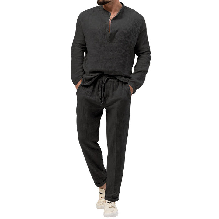 Herren Lässiges Zweiteiliges Lounge-Set aus Baumwoll-Gauze mit Henley-Oberteil und Tunnelzug-Hose Drune