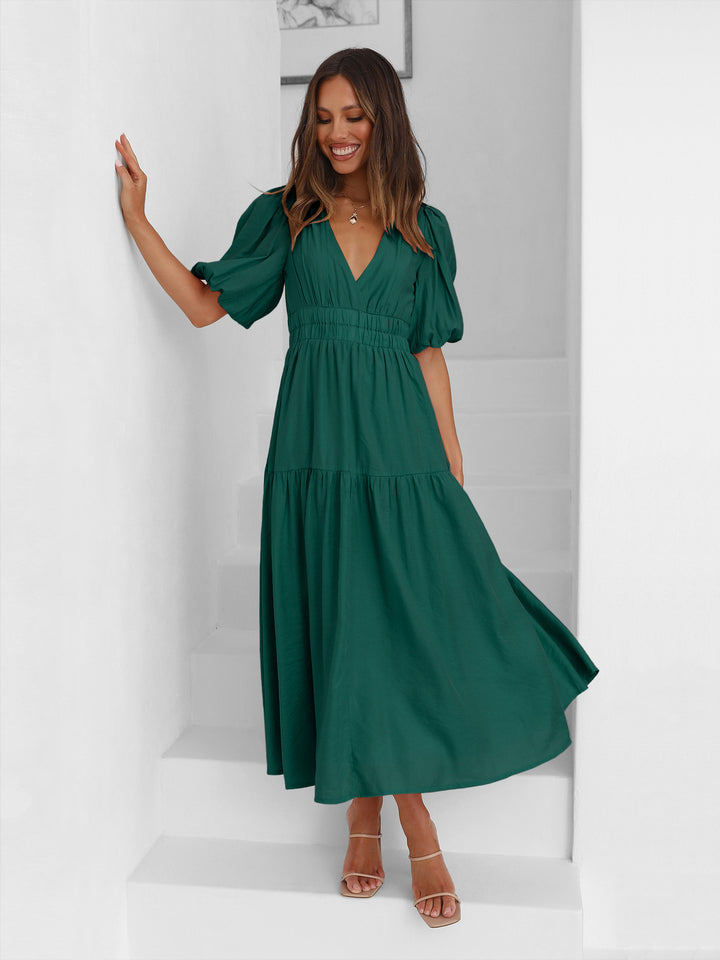 Damen Maxikleid mit tiefem V-Ausschnitt und voluminösen Puffärmeln Drune