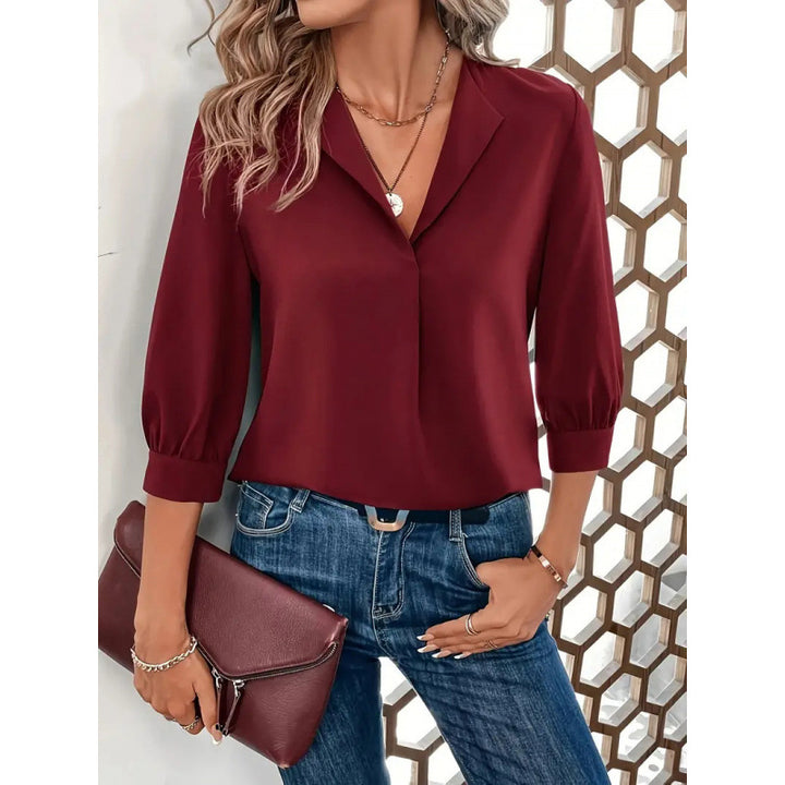 Damen Elegante Viskosebluse mit 3/4-Ärmeln und V-Ausschnitt Drune