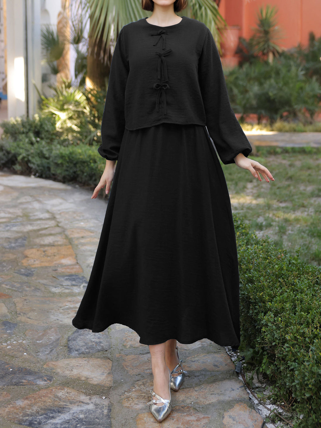 Damen Langes Zweiteiliges Maxikleid mit Überwurf, Rundhals und Zierknoten Drune