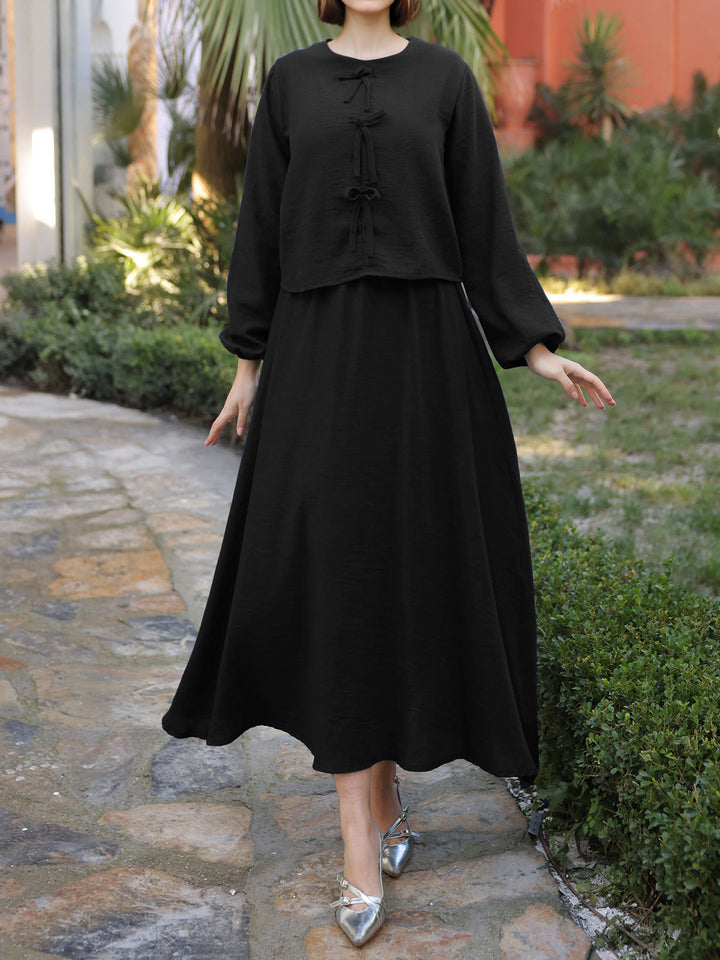 Damen Langes Zweiteiliges Maxikleid mit Überwurf, Rundhals und Zierknoten Drune