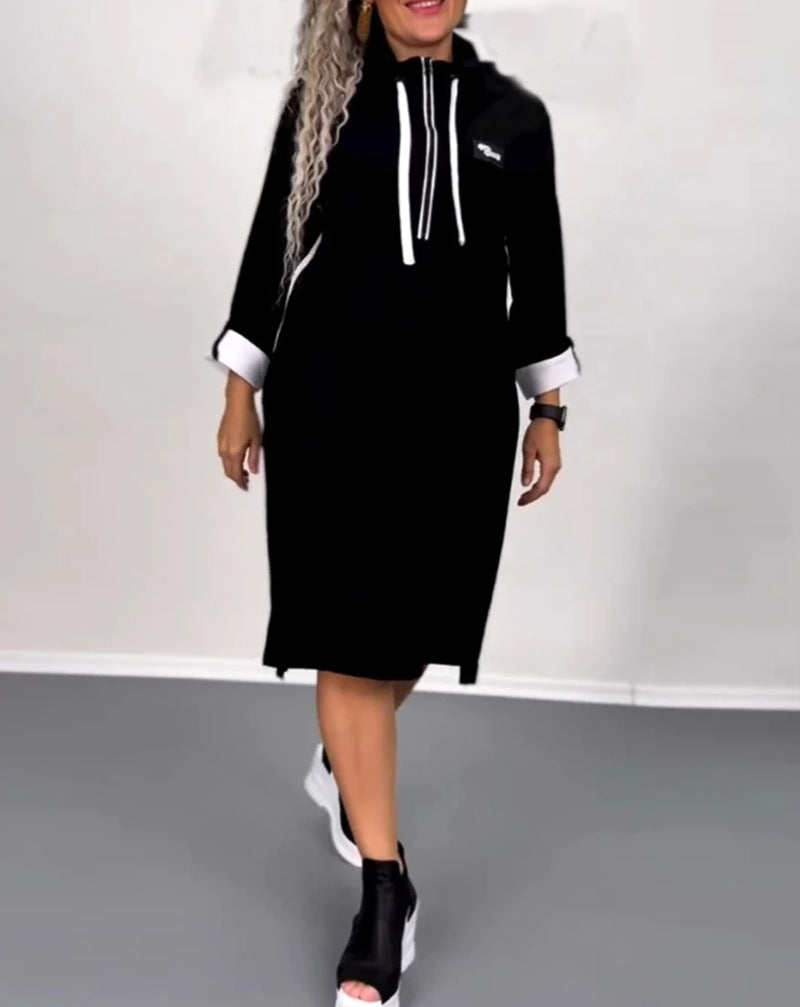 Damen nan Hoodie-Midikleid mit Kapuze, Kordelzug und krempelbaren Manschetten Drune