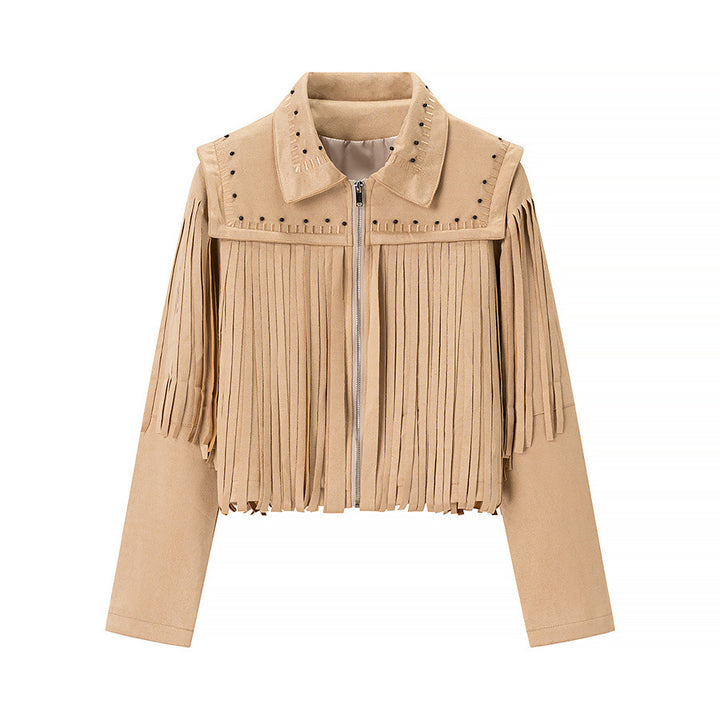 Damen nan kurze Fransenjacke im Wildlederlook mit Nietenbesatz Drune