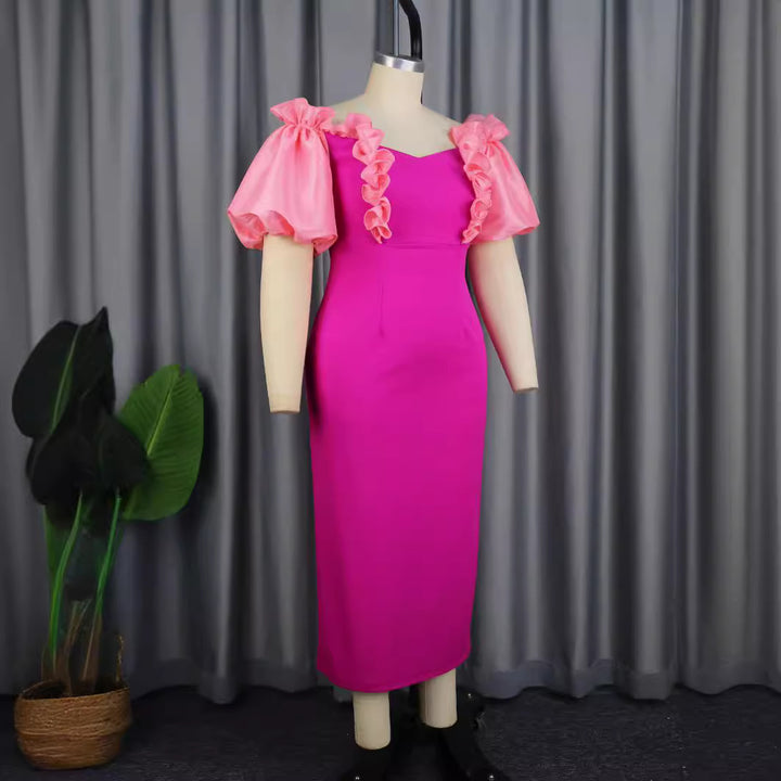 Damen figurbetontes Abendkleid mit voluminösen Rüschenärmeln Drune