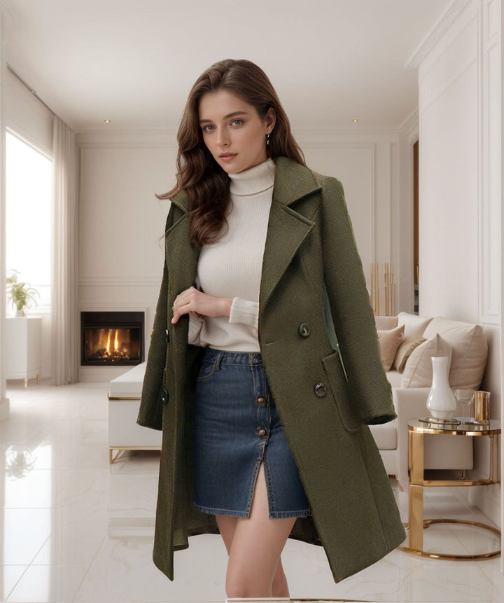 Damen modischer oversize Wolltrenchcoat mit doppelter Knopfleiste Drune