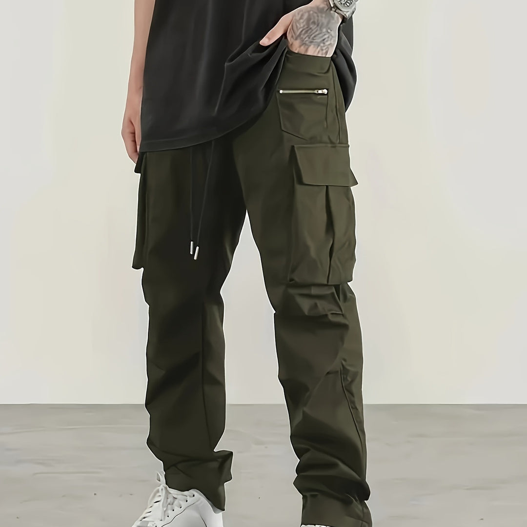 Herren utilitaristische Cargohose mit Reißverschluss‑Tasche, Klappen & Kordelbund Drune