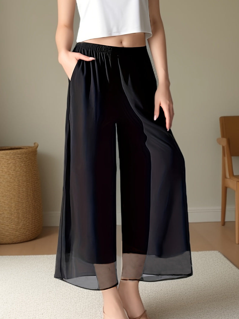 Damen Weit geschnittene Chiffon-Hose mit elastischem Taillenbund und hohen Seitentaschen Drune