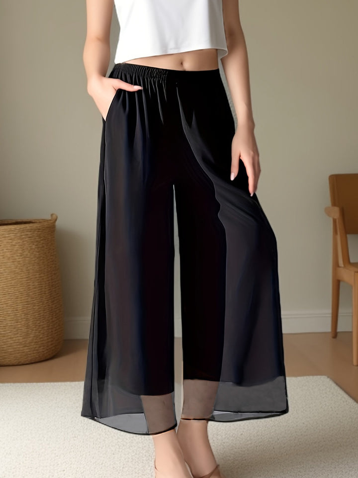 Damen Weit geschnittene Chiffon-Hose mit elastischem Taillenbund und hohen Seitentaschen Drune