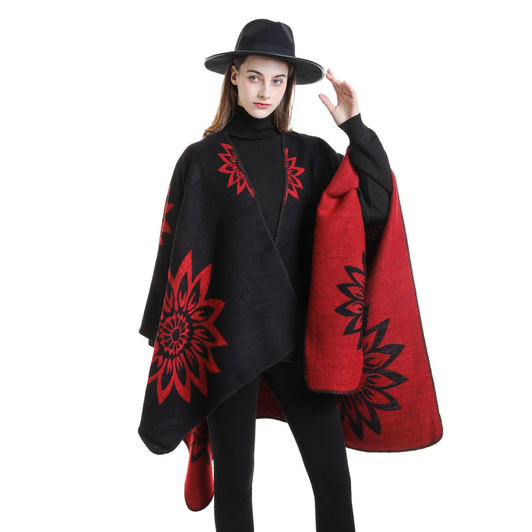 Damen Oversize‑Umhang im Wendefinish mit floraler Intarsienstickerei Drune