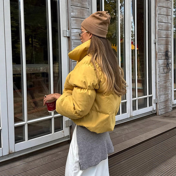 Damen Kurze wattierte Cropped-Pufferjacke mit voluminösen Ballonärmeln Drune