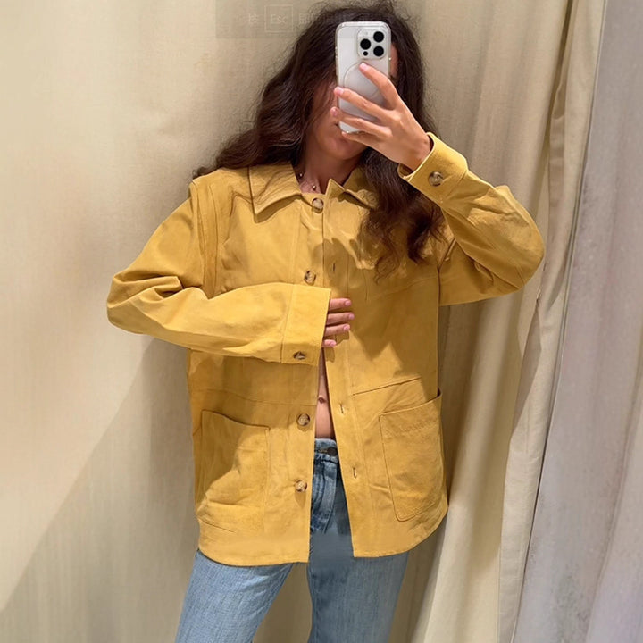 Damen Oversize Baumwoll-Worker-Jacke mit aufgesetzten Taschen Drune